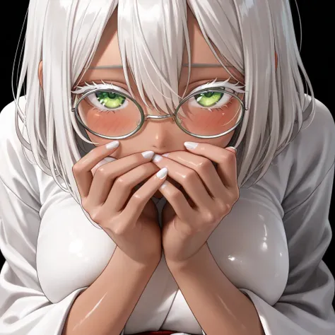    high quality, high detail, 4K,最 high quality, in the seat, ( throw ,face focus, looking at viewer),blush, cute_face,(  high quality,white_ medium hair, white_hair between eyes), (white_ eyelashes,white_nail,white_ round glasses､green_eye, high image qua...