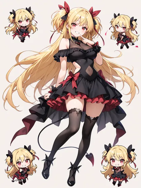 ((masterpiece, best quality, extremely detailed)), 1girl, ((chibi, chibi only)), blonde hair, long hair, red eyes, demon girl, fluffy, (magical girl, off-shoulder dress, sleeveless dress, navel cutout, see-through navel, side cutout, see-through cleavage, ...