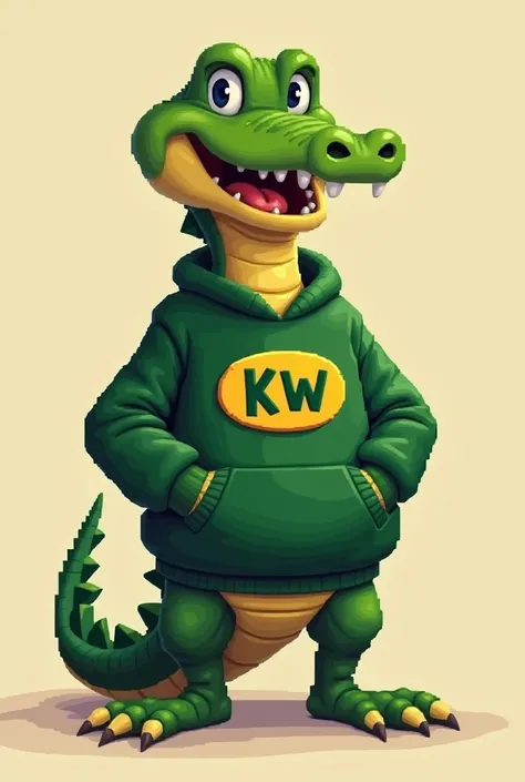 I WANT YOU TO CREATE AN ALLIGATOR IN PIXEL ART AND IN 3D ,I WANT HIM TO HAVE A HAPPY FACE , I WANT HIM TO BE STANDING WITH A GREEN SWEATSHIRT WITH THE KW LOGO, the yellow background and the green letters, AND WITH HIS PAWS IN HIS POCKETS.  
