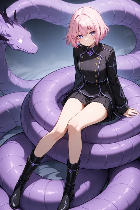 1 girl, violet eyes, light pink hair, short hair, cool, beautiful, black jacket, black skirt, black boots, mysterious atmosphere, archer, masterpiece, coiled, great quality, very aesthetic, absurd, latest, 8K, perfect face, clear eyes