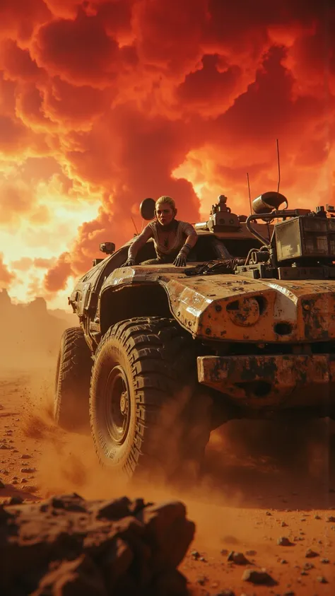 Depict a post-apocalyptic odyssey: Charlize Theron as Imperator Furiosa drives a heavily modified war rig through a relentless desert storm. The camera captures swirling dust, stinging rain, and a blood-red sky in the background. Emphasize her fierce deter...