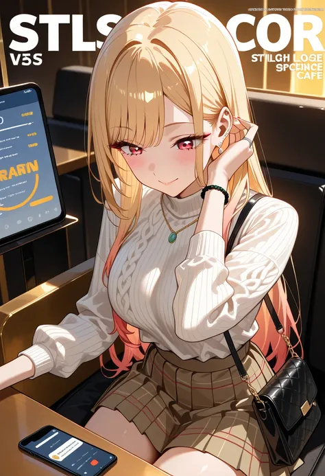 Marin Kitagawa, sitting at a stylish indoor café table, focusing on her smartphone, casually tucking a loose strand of hair behind her ear, body angled away from the camera, looking down at her screen with a relaxed expression, long sleek blonde hair softl...