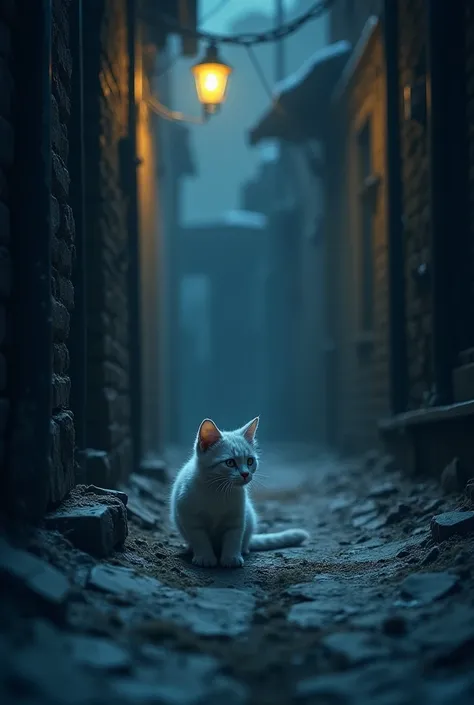  Night fell over the city , and with her,  an icy wind that cut like blades .  Among the dark alleys ,  under the flickering light of a broken lantern ,  a small kitten trembled . Her fur ,  before white and soft ,  was dirty and matted . His legs, numb , ...