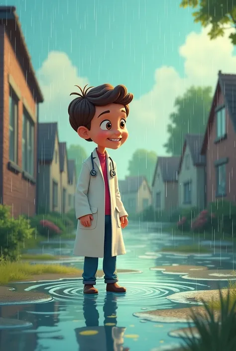 for the rhymes "Doctor Foster went to Gloucester
In a shower of rain,
He stepped in a puddle,
Right up to his middle,
And never went there again", please create animated images for a kindergarten book. please include all the actions doctor did.