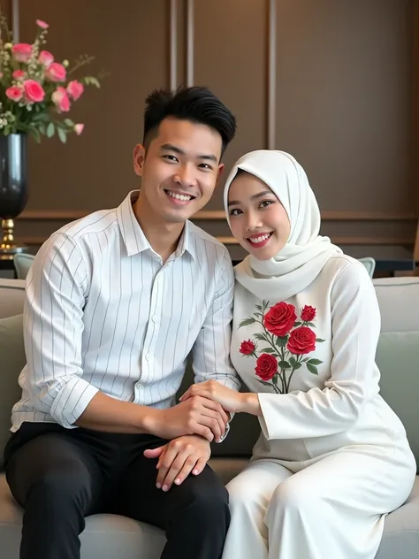  The close-up photo shows a handsome 20-year-old man with a rather chubby Asian face ,  wearing a white shirt with black stripes and black trousers  ,  in the company of a beautiful Asian looking hijab girl  , who is dressed in white fashion , red rose mot...