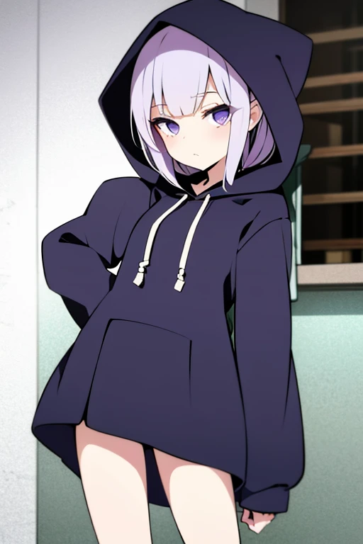 small breasted loli  wearing a hood street style cool cute odd-eye