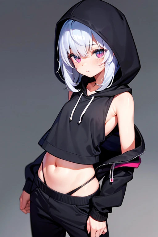 small breasted loli  wearing a hood street style cool cute odd-eye