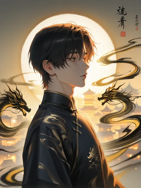 1boy, male focus, expressionless, chinese clothes, realistic, (sketch:1.2),  bishounen, ink wash painting, traditional media, dynamic
,masterpiece,best quality,newest,Short Hair, golden hour Glowing Light, From Side, shadow dragons in background, city back...