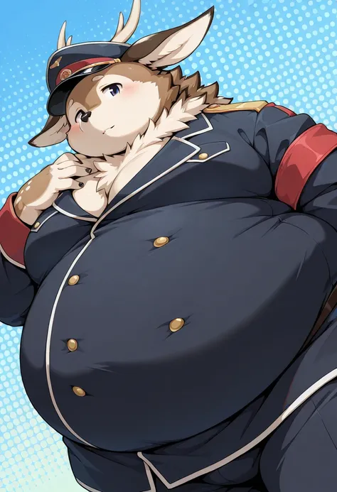  Masterpiece,  top quality,   great quality,  dynamic angle,  Dutch angle, abstract bachairground, break
solo, male, hair@sister @,  furry , deer, antlers, Brown body, overweight, Fat, obesity,  big stomach,   Military Uniform,  cap, break
 