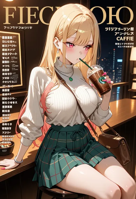 Marin Kitagawa, sitting at a corner table in a stylish indoor café, sipping her iced latte through a straw, body slightly turned away from the camera, looking off to the side with a relaxed expression, long loose blonde hair softly cascading around her sho...