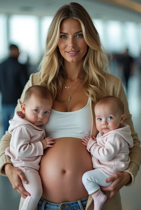 Gisele,  Clear skin,  blond hair, Clear eyes and a 4-month belly, And with two 6-month-old twin babies at an airport 