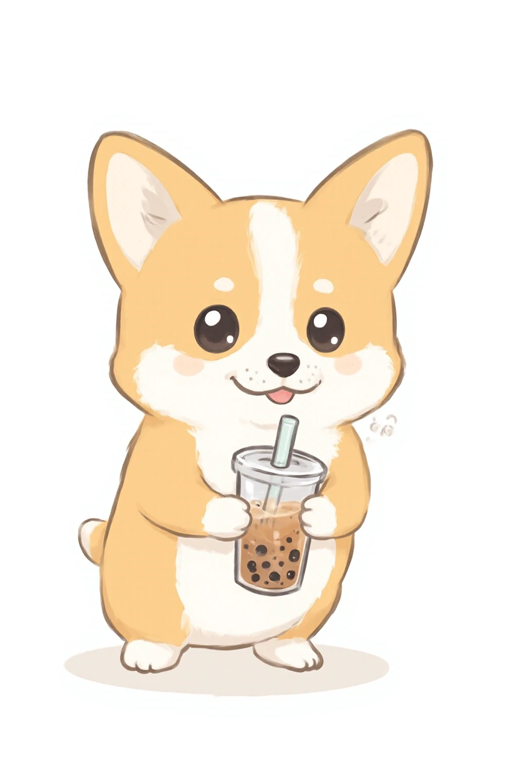 cute cartoon corgi dog holding a glass of bubble tea, in the style of kawaii Japanese cartoon, low detail, black outline, white background