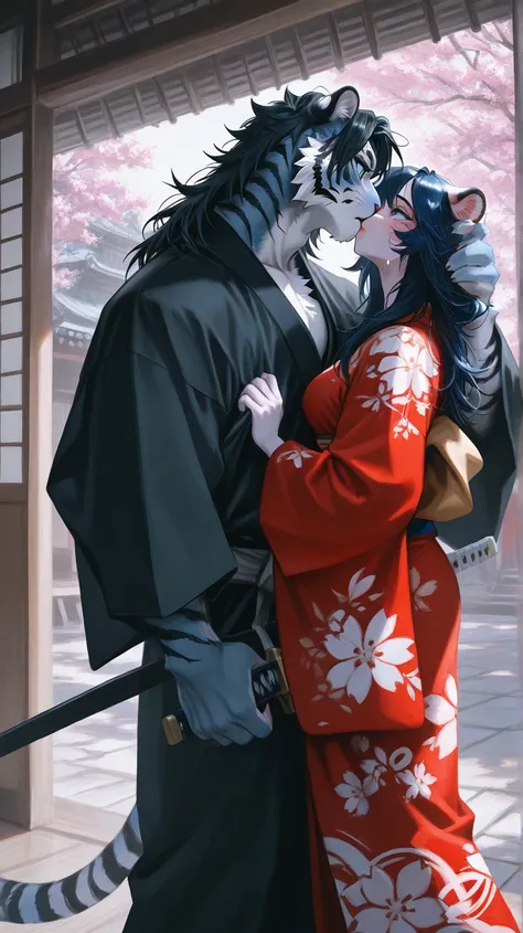 Japan traditional buildings, cherry blossom, male tiger furry holding female tiger furry, male blue eyes、male short dark blue hair, male furry with muscular body, dark blue black furry male, female has blue eyes, white or black hair, female with white stri...