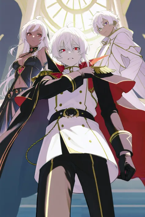 A beautiful, white-skinned male with white, waist-length hair and red eyes, has a cool impression, and the character's costume is a fantasy demon king costume.. I'm sitting on the throne with my jaw broken.