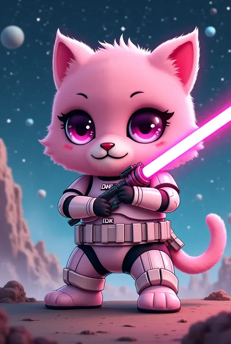 Stromtroopper in the figure of a cute cat, fluffy pink, AI, in a mobile, laser sword, star war, on the shirt, there is a glowing cool lettering, the word EMK. The background is a space war.