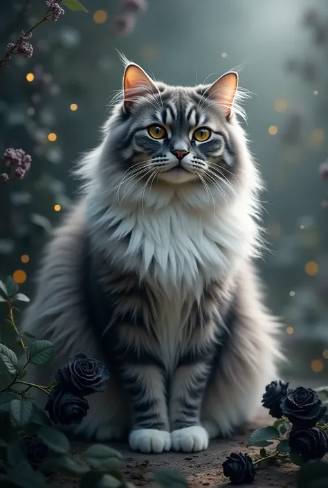 Long-haired cat with smooth gray and white coat
Make it a fantastic background
There are black roses nearby