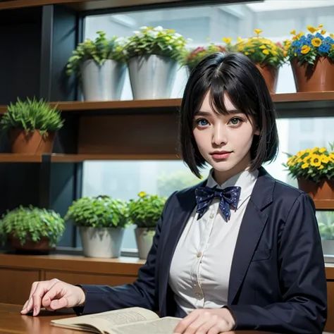 ((((bbw  )))) a woman sitting at a table with a book, long hair, smile, bangs, blue eyes, shirt, black hair, gloves, long sleeves, bow, blue hair, jacket, white shirt, upper body, flower, multicolored hair, collared shirt, indoors, white gloves, bowtie, tw...