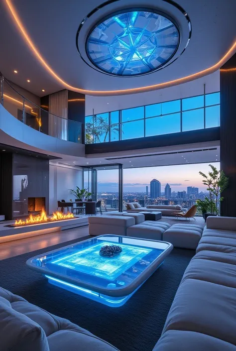  Ultra-Modern Living Room with Futuristic Design
"An ultra-modern living room with a futuristic aesthetic, featuring sleek, curved architecture and smart technology integration. The spacious layout includes a floating fireplace with a holographic flame, a ...