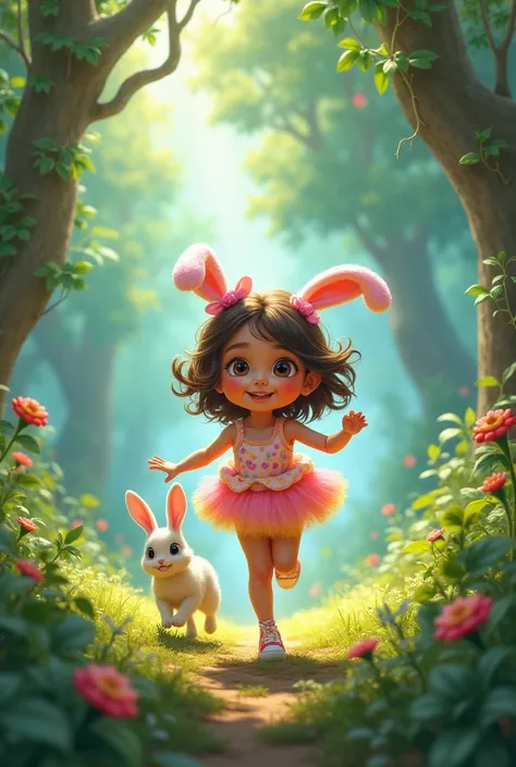 candy girl in the forest with her pet rabbit and runs in to the wild