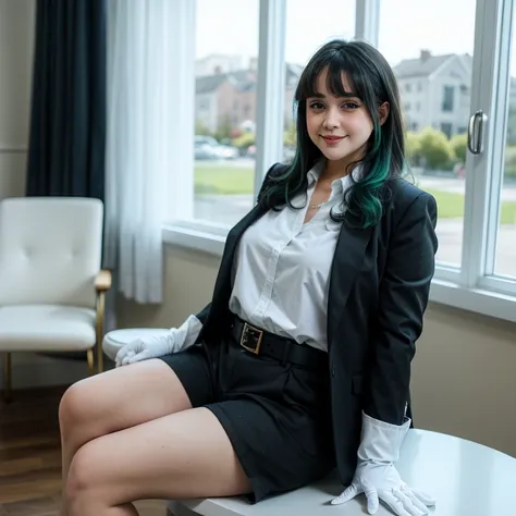 ((((bbw  )))) a woman  hair and a suit, long hair, smile, bangs, blue eyes, shirt, black hair, gloves, sitting, jacket, white shirt, flower, multicolored hair, green hair, shorts, belt, indoors, white gloves, two-tone hair, lips, black jacket, window, phon...