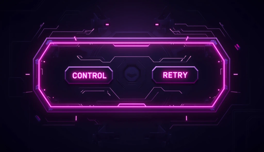 design for me game buttons design for cyberpunk game with futuristic design with purple hint of color. horizontal size. with control & retry buttons. GAME NAME IS STRICKER’S TECHO MIRAGE. make the button  square for game