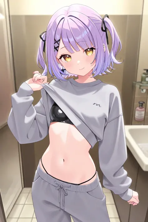 masterpiece、Alone,  1girl , Vspo , Sinomiya Runa, vtuber, light purple hair, yellow eyes, short hair, short hair, side twintails , 8k, best qualit、grey jersey 、 Slim、I can see string panties、 soapland 、Grey Pants、Sexy clothes