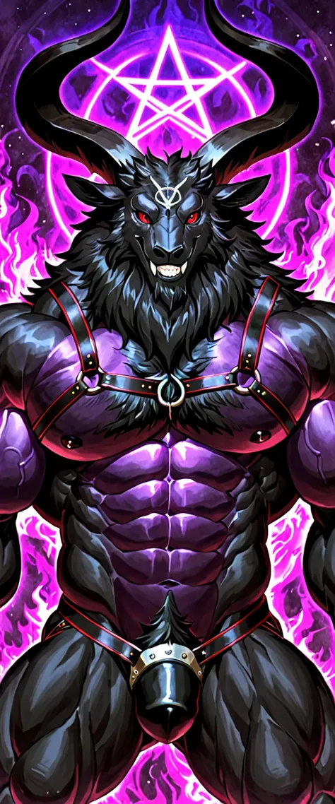 baphomet, black horn, sanpaku eye, red eye, male, harness, huge muscle, purple aura, smile, teeth,