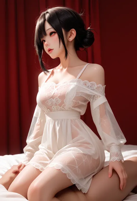 A cute girl 18 years old, big breast, with black hair with a white detail at the backand short messy bun hair wearing a white shirt and she wears a ruanyi0764,long dress,long sleeves,off shoulder,bug,lace dress,barefoot,tight dress,see-through, 1boy, sex, ...