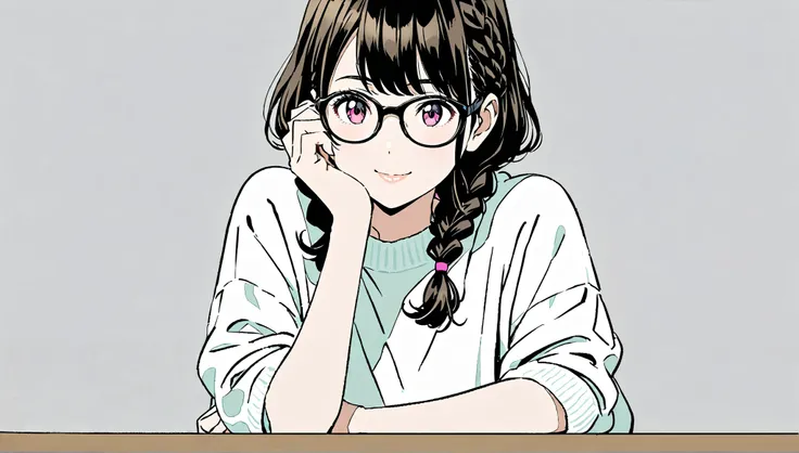 ((Smile)),(Pop Color)),masterpiece, ((( with elbows on a table ))),、Highest quality, Beautiful attention to detail, Very detailed, In detail, High resolution, Perfect Anatomy, , , girl, (one person:1.5), alone, (Braided hairstyle for black hair), black rim...