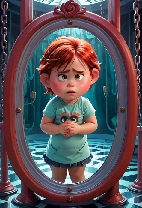 Sci-Fi and horror cinematic image: Room with a labyrinth of mirrors, even on the roof of an amusement park, with the reflection of a chubby, freckled red-haired girl with a tan lost in different ghostly versions of the girl tying the girl with chains throu...