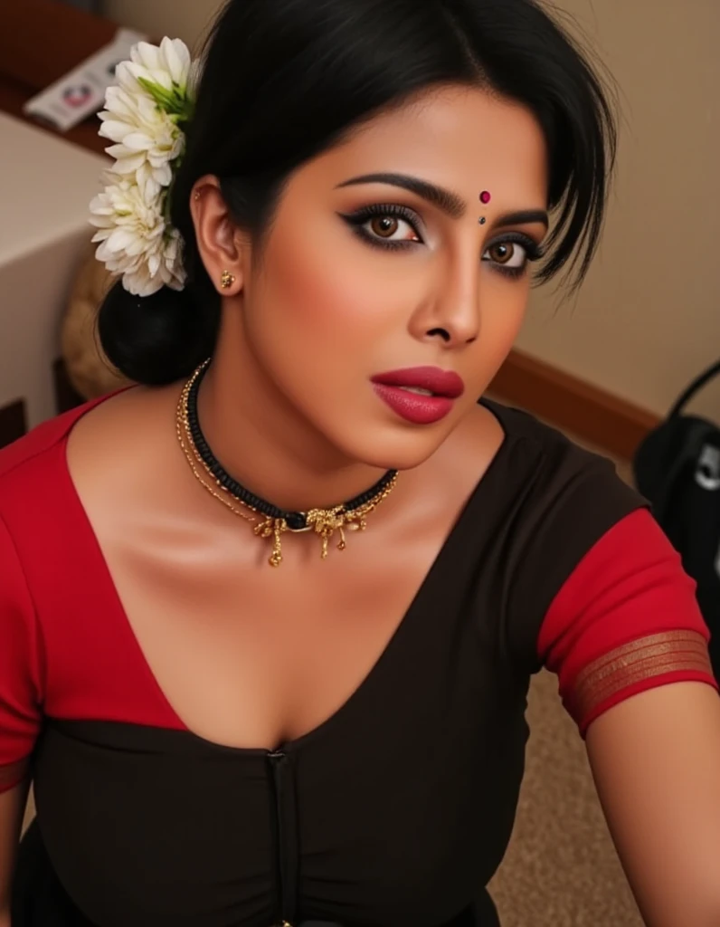 Pov camer view, karena on knees, looking at camera, with lust in her eyes, tongue  out from mouth,black hair tied around, flowers in head, mangalsutra in neck, black saree, red lips, black eyeliners, eyelashes, noserings, sexy cleavage, red colour blouse, ...