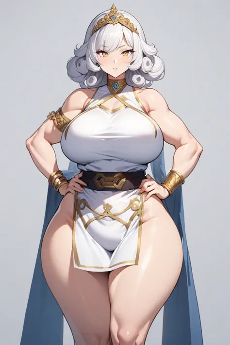 White background: 1.2) Mature woman, body facing the viewer, curvy body from left to right, large breasts, small waist, wide hips, big legs, thick thighs, big butt, round butt (fat butt), bright yellow eyes, and a curly white haircut. She is standing alone...