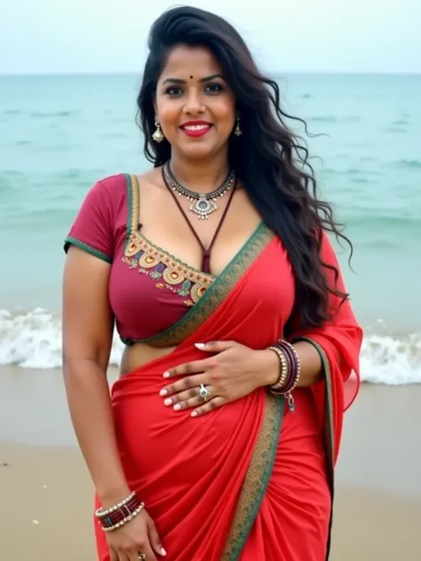 Fit,full saree wear, Big lips, full body picture , curvy, wet Desi woman showing her big ass  in sexy THONG pattern sexy  lingerie and showing cleavage and in nose ring, many bangles in hands,earings, necklace ,lipstick ,navel,Indian, Chubby, showing her c...