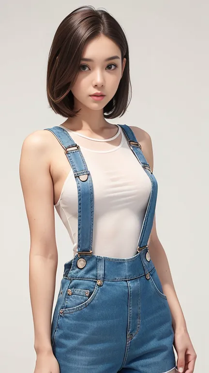 young woman relaxing , bob brown hair, fair-skin, in clear transparent loose overalls ,elegant pose ,medium body shot ,beautiful round breasts, white background