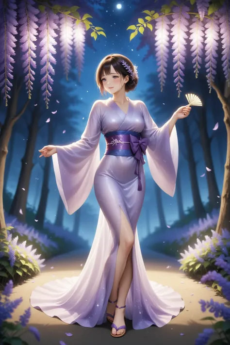 Dance Japanese dance gracefully 、 one mature woman、I hold only one fan that is about the width of a woman's shoulder、He is seducing men with his flush eyes、 supple and curvy proportions、 holding a dance fan in her right hand 。
 wisteria flowers with one la...