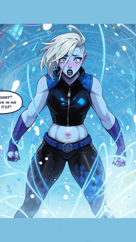 Killer Frost, 1girl, solo, blue eyes, shocked face, looking at her hands, thick thighs, wide hips, curvy hips, huge belly, blue skin, multicoloured skin, laboratory, 4K, masterpiece,partial blueberry inflation, full blueberry inflation, belly inflation, hy...