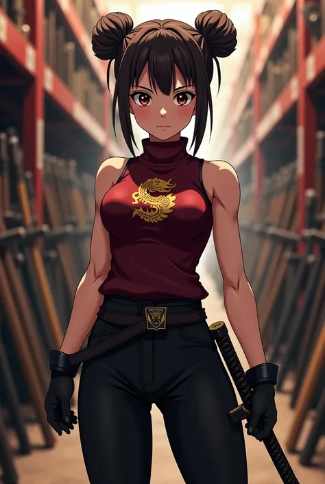 "4K anime style quality, digital drawing mode, a skilled female ninja with dark brown eyes and twin buns in her hair, wearing a sleeveless maroon top with a gold dragon emblem and black fitted pants, standing in an armory filled with weapons of all kinds, ...