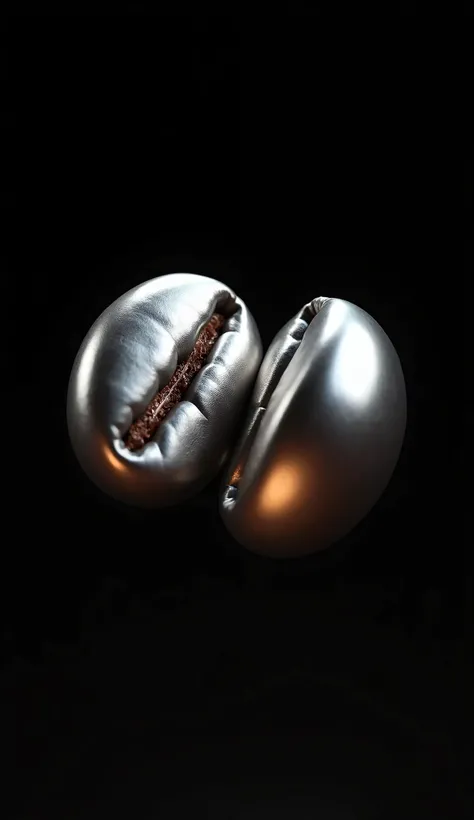  2 silver coffee beans are held together , The image in the animation  ，realistic, (matte silver, bright lighting), black background, no reflections 