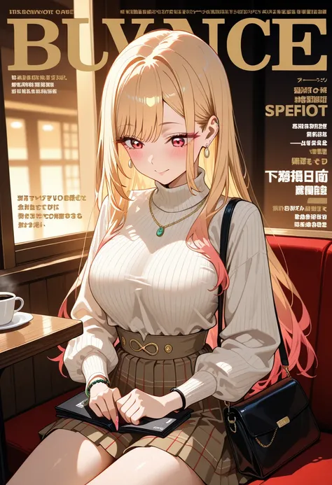 Marin Kitagawa, sitting at an indoor café booth, rummaging through her purse placed on her lap, slightly arching her back as she shifts, body turned so the camera sees her from behind at an angle, looking into the bag with a mildly puzzled expression, long...