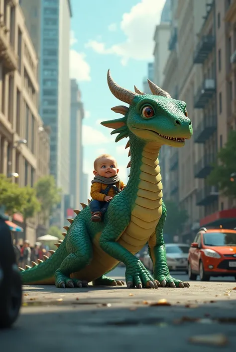 Create a baby riding a giant dragon in the middle of the street 