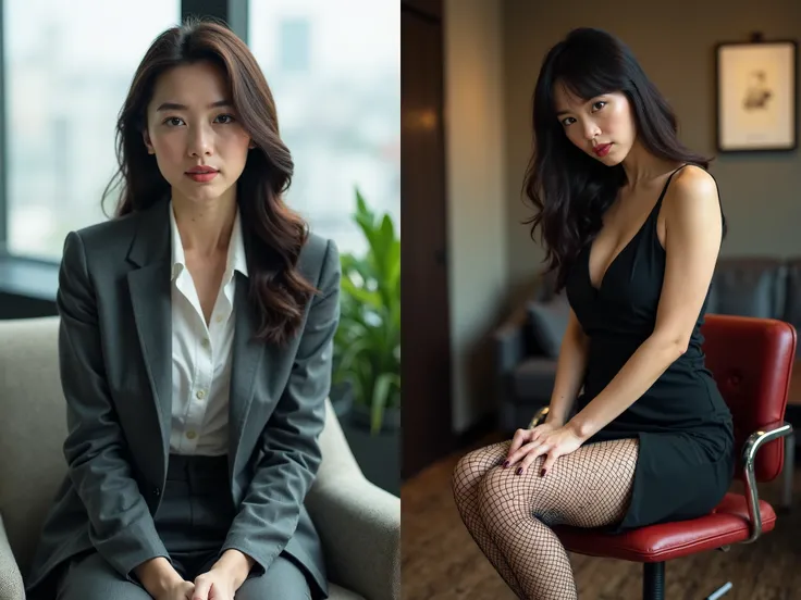 A split-image of a beautiful Japanese woman before and after transformation. On the left, a 30-year-old elegant Japanese woman, wearing a dark gray business suit and white blouse. She is sitting in the chair in a modern office. On the right, the same woman...