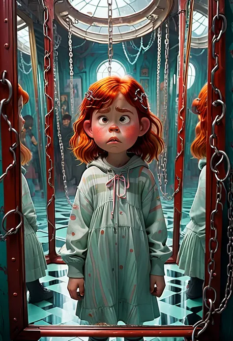 Sci-Fi and horror cinematic image: Room with a labyrinth of mirrors, even on the roof of an amusement park, with the reflection of a chubby, freckled red-haired girl with a tan lost in different ghostly versions of the girl tying the girl with chains throu...