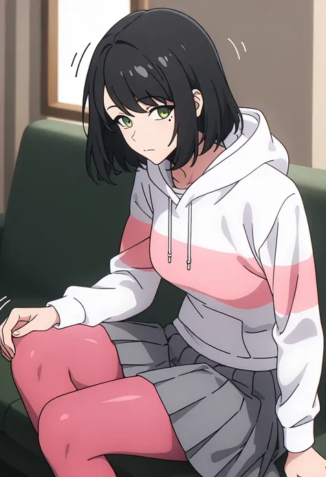 medium hair, black hair, swept bangs, green eyes, mole under eye、SongyiCasual , hood down, striped hoodie, white hoodie, pink hoodie, pleated skirt, grey skirt, pink pantyhose、han song-yi、Solo Leveling、motion line、 Anime Coloring、1koma、mature female、 Maste...