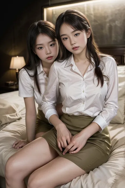 ( top quality,  Masterpiece, 16k,  super precision ,  beautiful skin,   professional lighting )  girl,、｛(OL uniform, dress shirt,ribbon,Khaki pencil skirt  , black stockings ,cowboy shot)}、( Large bedroom,Age 15, on the bed、 with black background、 looking ...