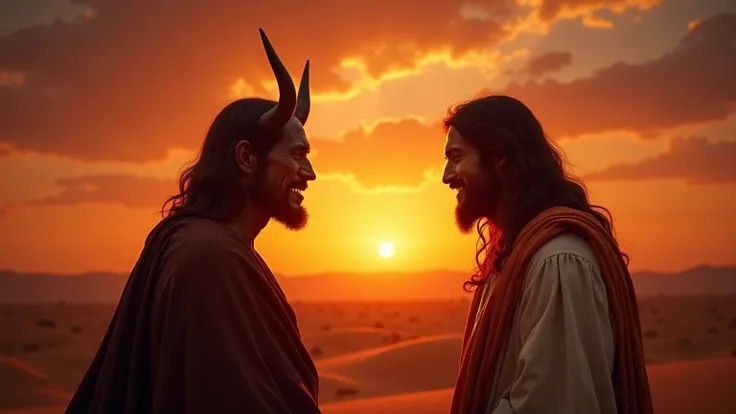   A dramatic scene depicting Jesus and the Devil facing each other in a vast desert landscape. jesus,   with a serene expression and a bright aura  ,  is on the right side , while the devil, with dark,   appear ominously on the left  , distorted features a...