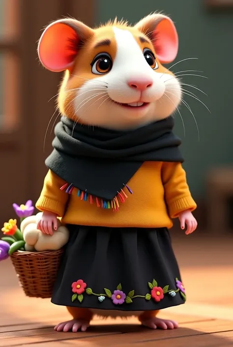 A guinea pig who wears a bolero blouse with a black shawl with colored fringes on the tips and that covers her arms, a long black skirt with flowers embroidered on its edge, is cheerful and with bright eyes, her style is lively and very cute, she also wear...