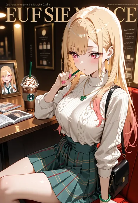 Marin Kitagawa, sitting at a softly lit indoor café booth, leaning back casually against the chair, sipping on her iced latte through a straw, body turned so the camera sees her from a side angle, looking toward the cup with a relaxed, neutral expression, ...