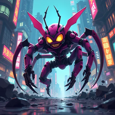 Medabot medarot, robot, poisonous insect , in a technological area, malignant, malicious, Toon cartoon   