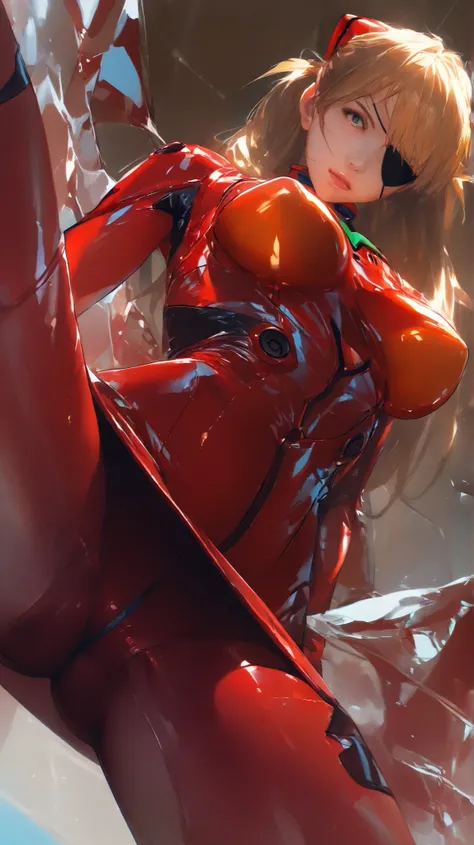 ( Masterpiece,  top quality, 8k,  sharp concentration,  depth synthesis,  realistic skin texture),  anime style for beautiful breasts, Alone,  1 female,  Soryu Asuka Langley,  neon genesis evangelion, Eye patch,  red plug suit, (low angle from below ground...