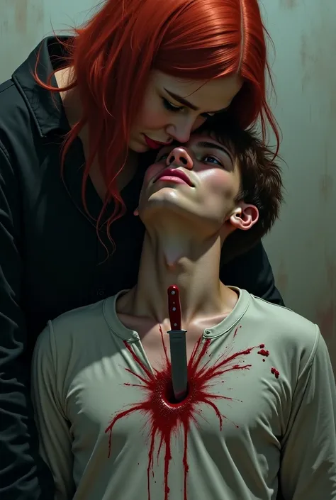 Pretty red head girfriend stabs boyfriend in his chest knife stay in his chest boyfriend smile at her she is not she is kiler not a lover 